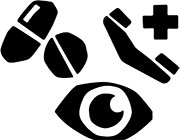 Icons of medication tablets, a phone handset, and an eye.